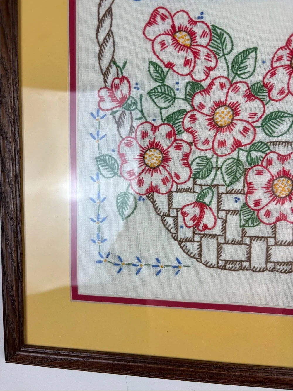 Vintage Hand-Embroidered Flower Basket”Give a Gift of Love Each Day”Frame/Matted